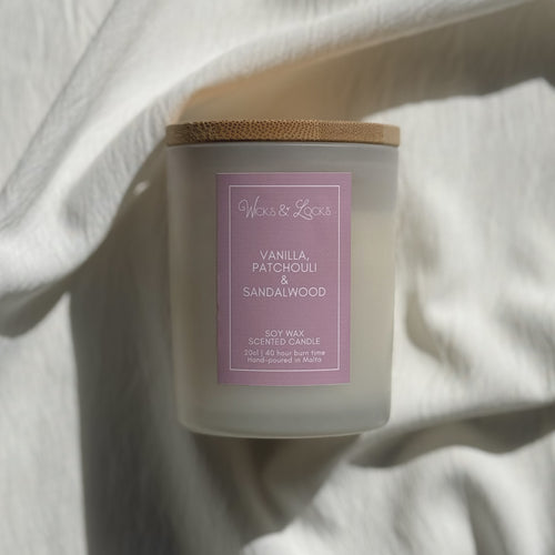 Wicks & Locks Vanilla, Patchouli & Sandalwood - Luxury Scented Candle
