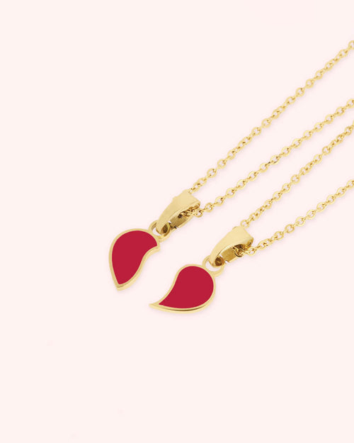 Sister Red Broken Heart Twin Necklaces Set, Gold