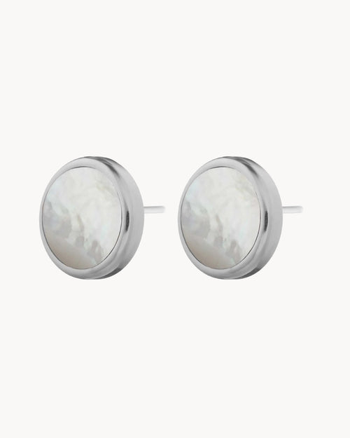 Protection Stone Mother Pearl Signature Stud Earrings, Silver