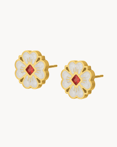 Lucky Love White Flower Stud Earrings, Gold