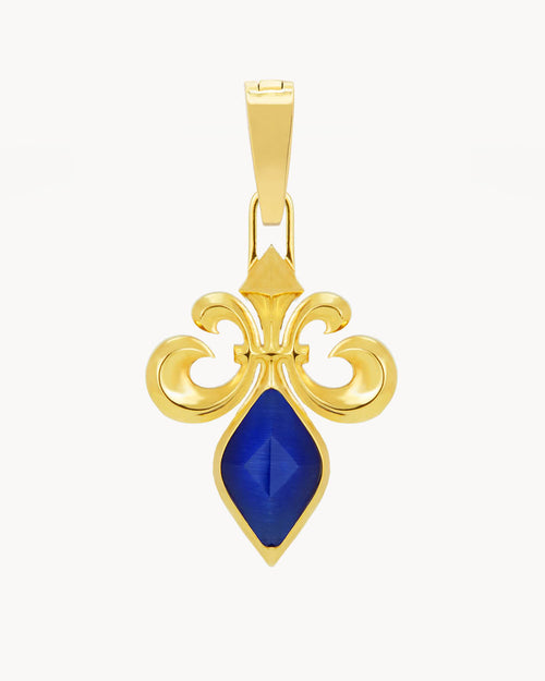 Perseverance Stone Blue Cateye Fleur de-Lis Pendant, Gold