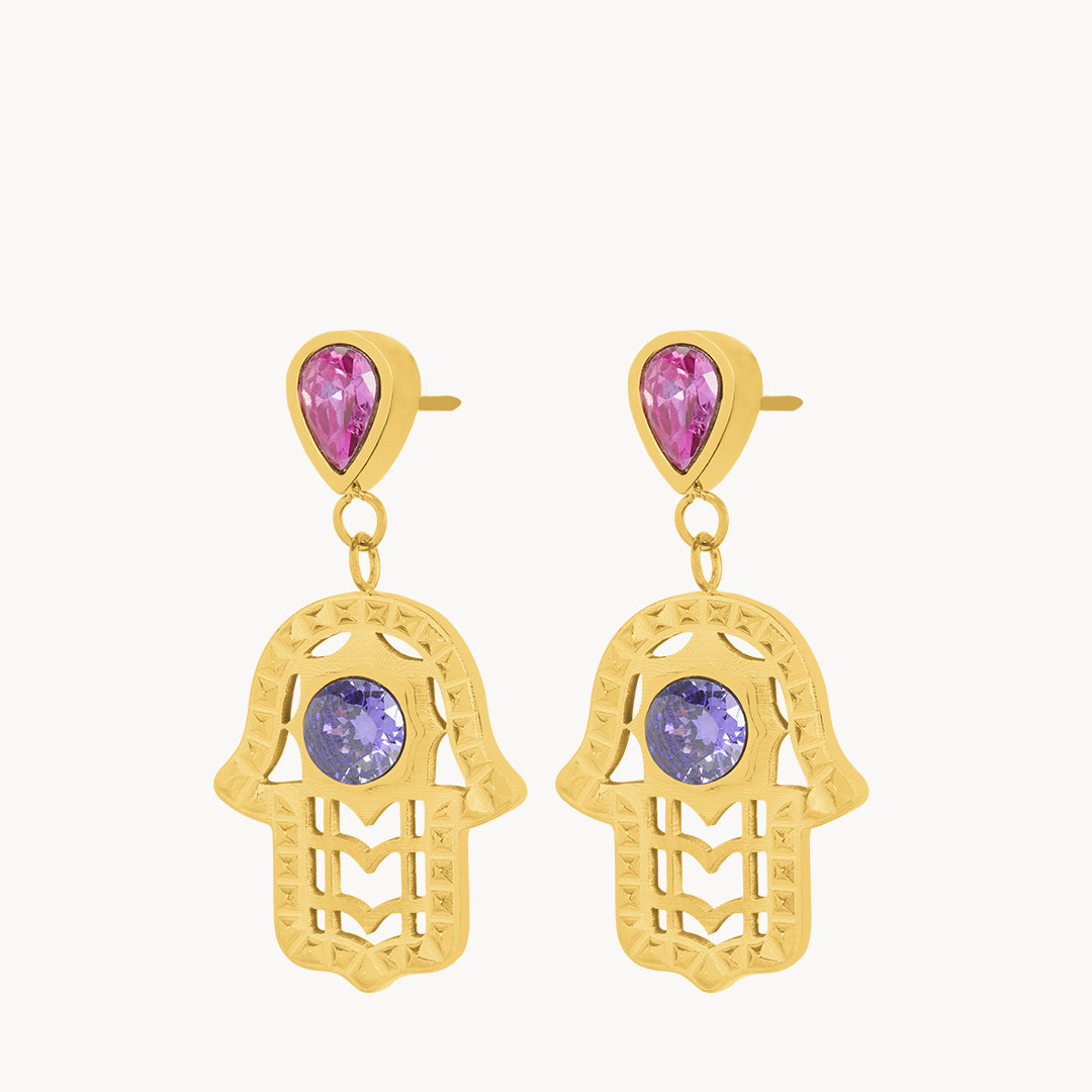 Intuition Purple Hand Of Fatima Dangling Earrings