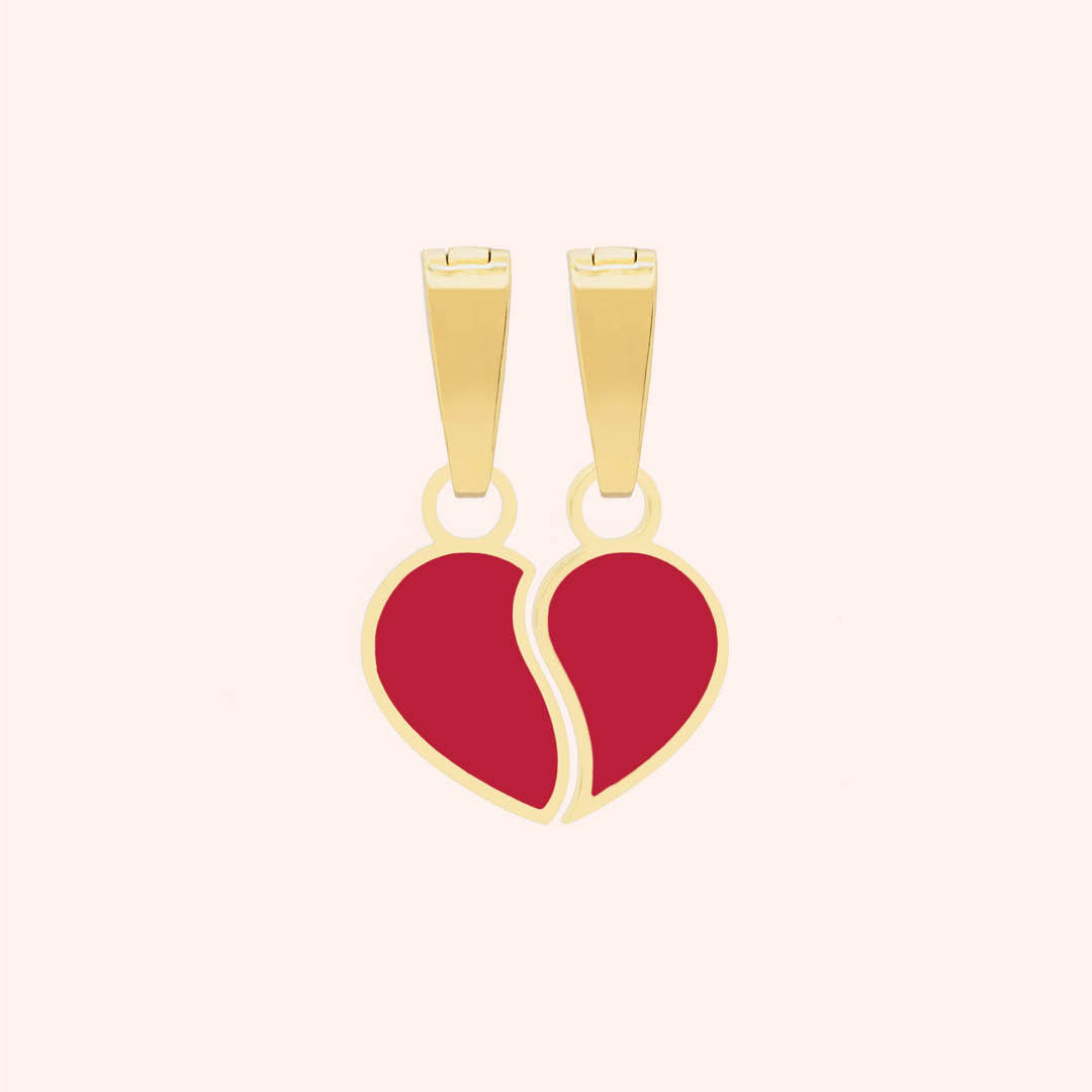 Red Broken Heart Twin Pendants, Gold