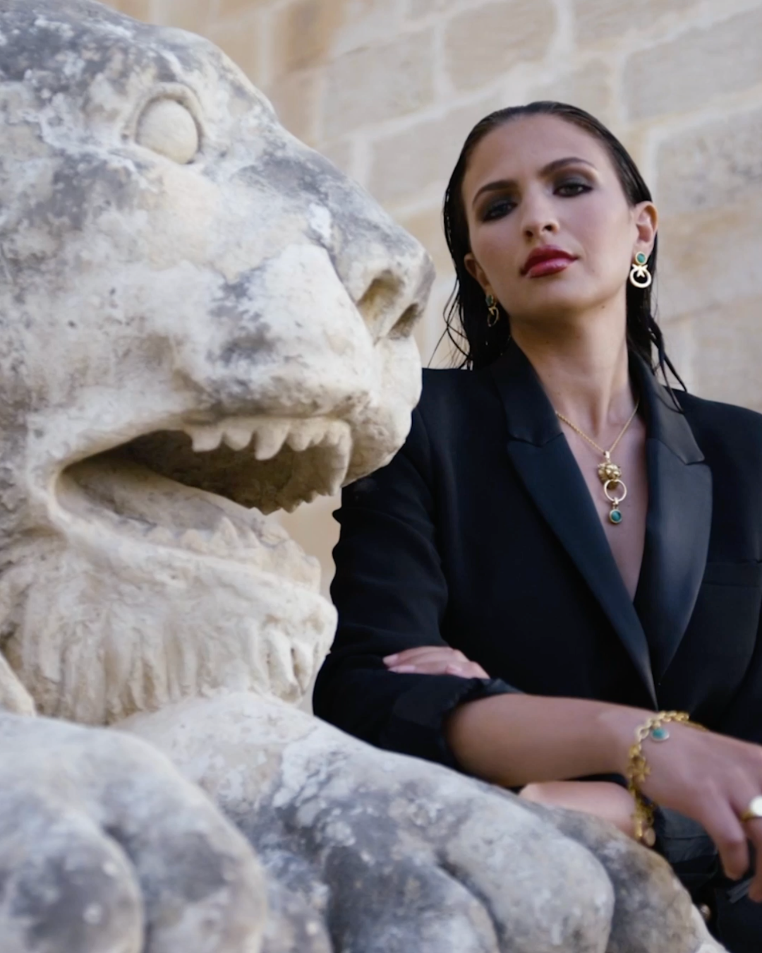 June Birthstone Strength Maltese Cross Ħabbata Earring Set, Gold