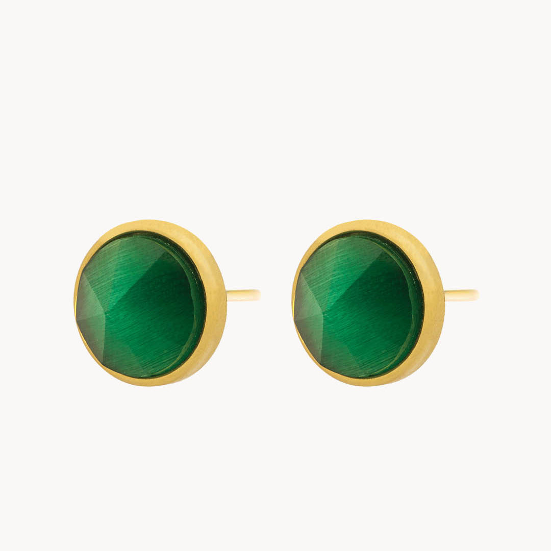 Confidence Stone Emerald Cateye Ħabbata Stud Earrings, Gold