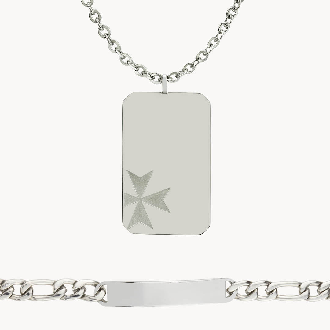 Il-Kavallier Dog Tag Necklace and Bracelet Set, Silver