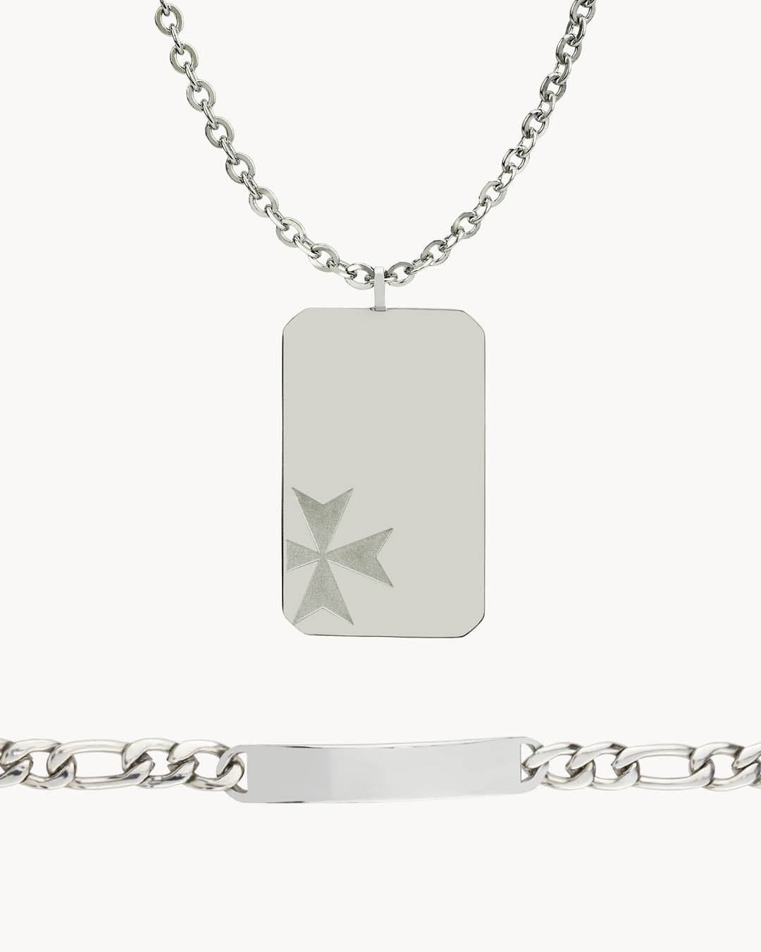 Il-Kavallier Dog Tag Necklace and Bracelet Set, Silver