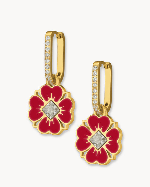 Dainty Lucky Love Red Flower Starlight Oval Hoop Earrings Set, Gold