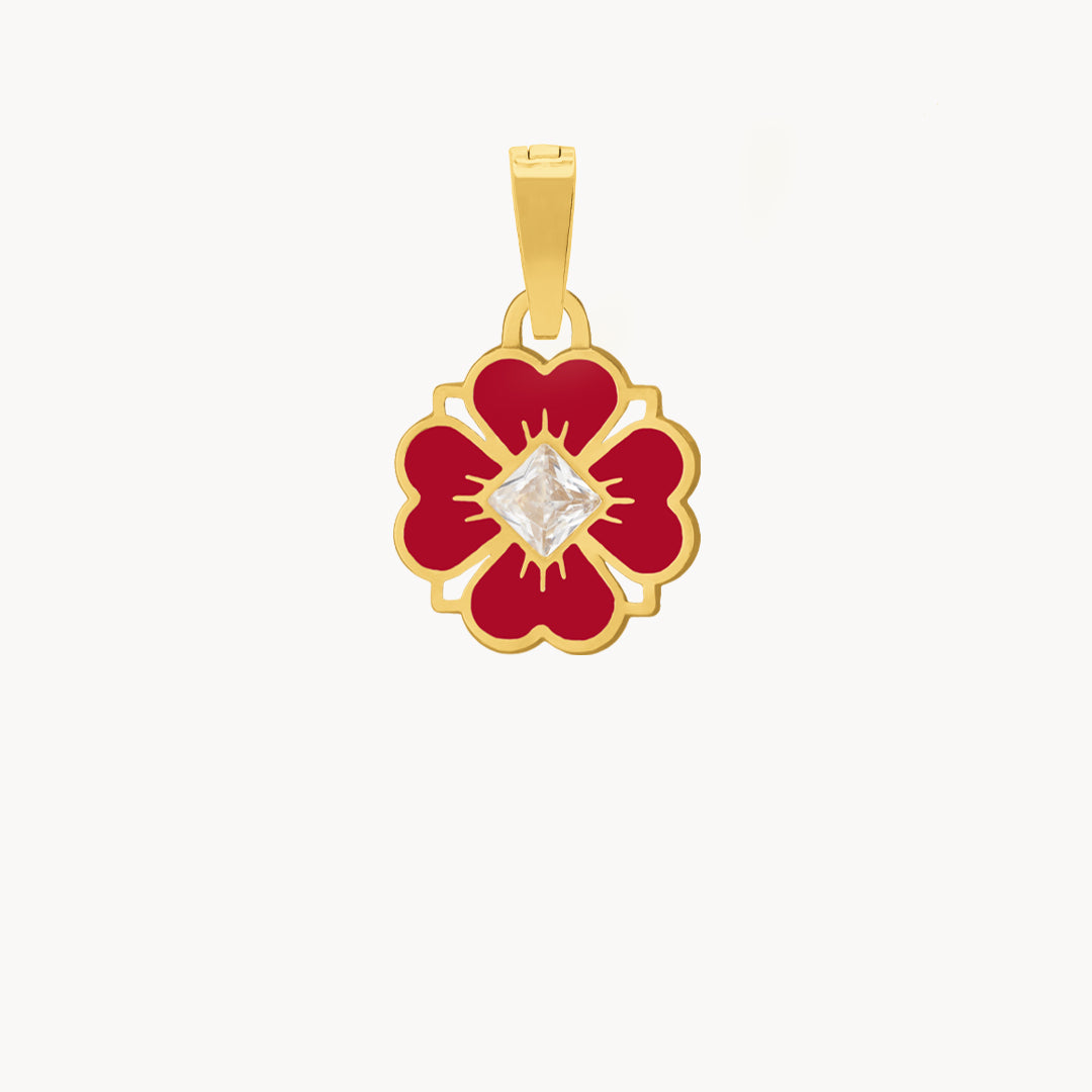 Dainty Lucky Love Red Flower Pendant, Gold