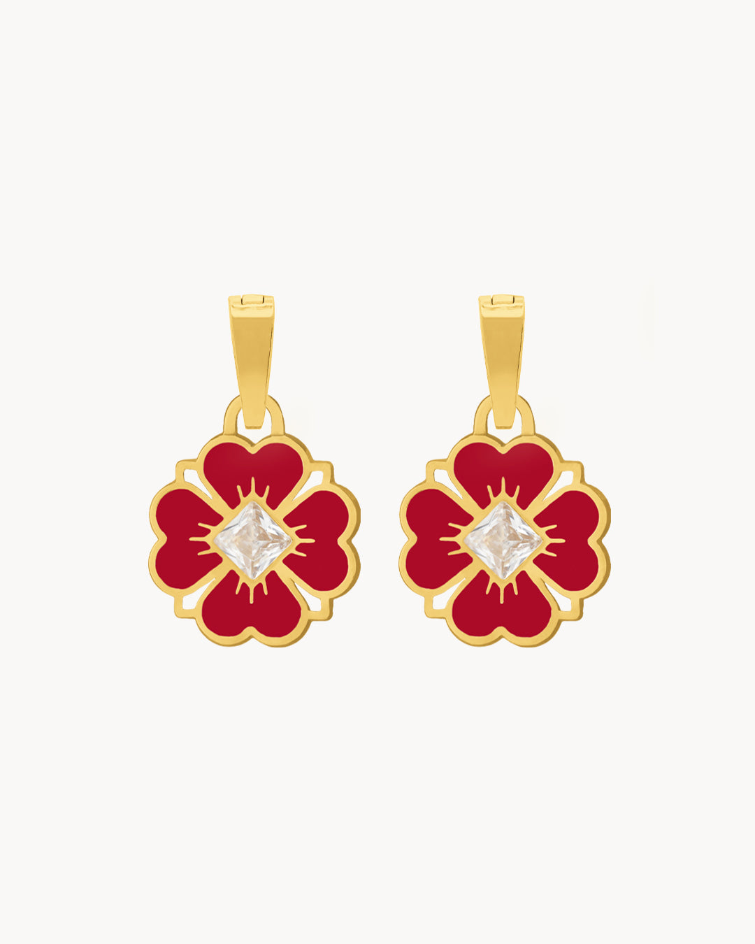 Dainty Lucky Love Red Flower Earring Pendants, Gold