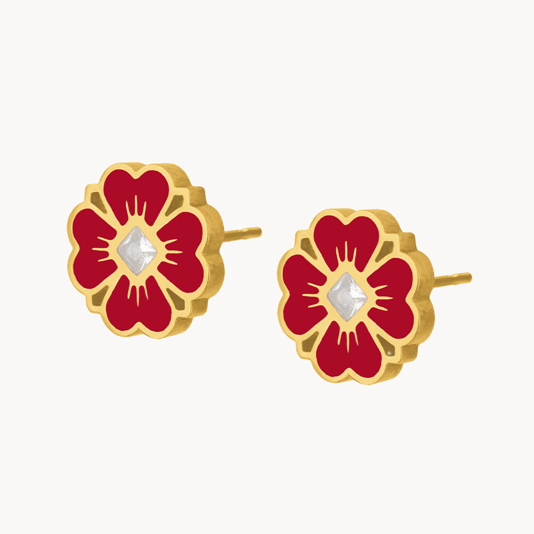 Lucky Love Red Flower Stud Earrings, Gold