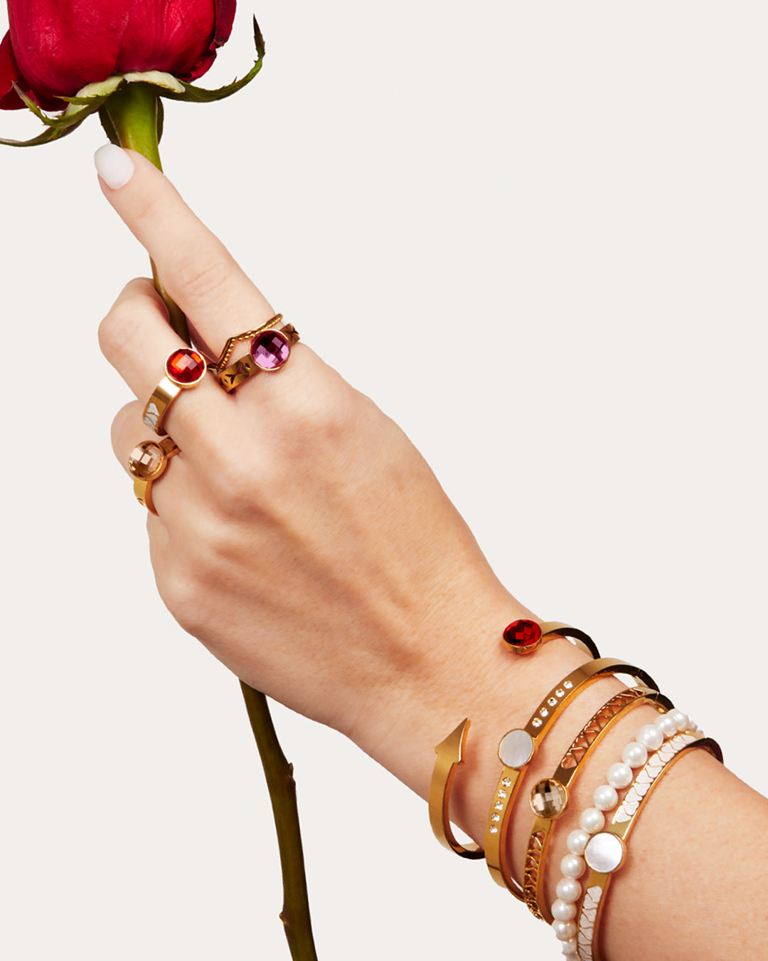 October Cupid Birthstone Bangle Set, Gold with Red Jewel Box
