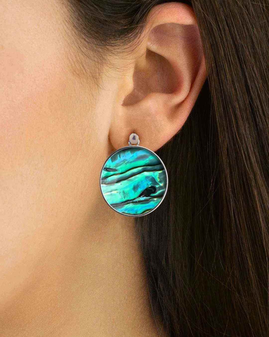 Fearlessness Stone Abalone Shell Statement Earring Pendants, Silver