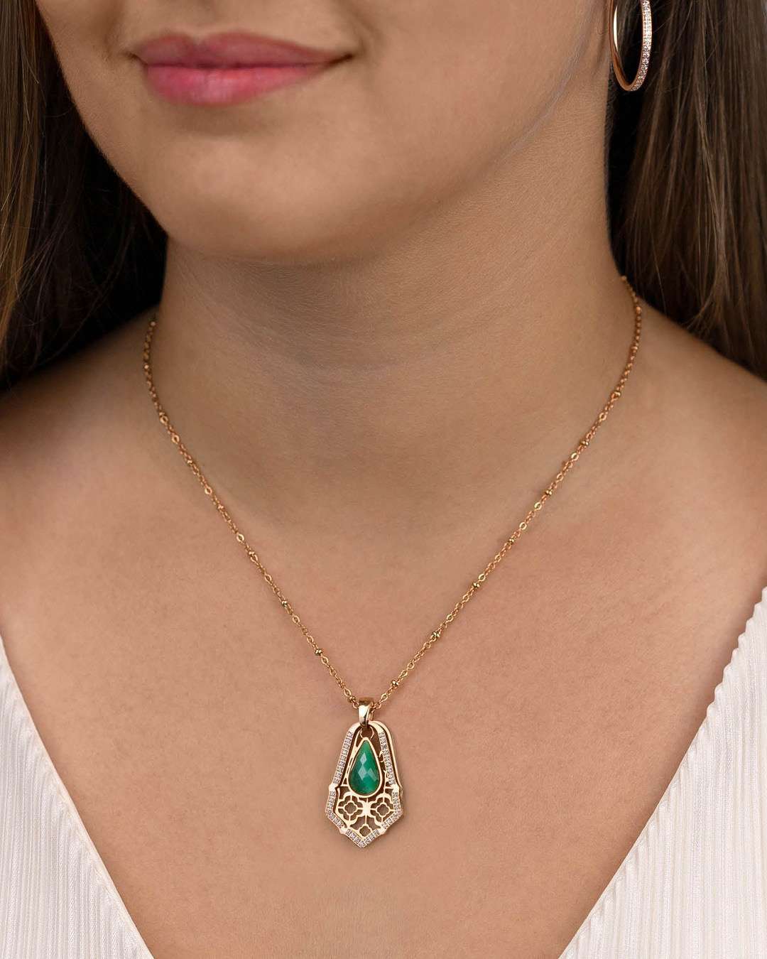 Confidence Stone Emerald Cateye Drop Pendant, Rose Gold