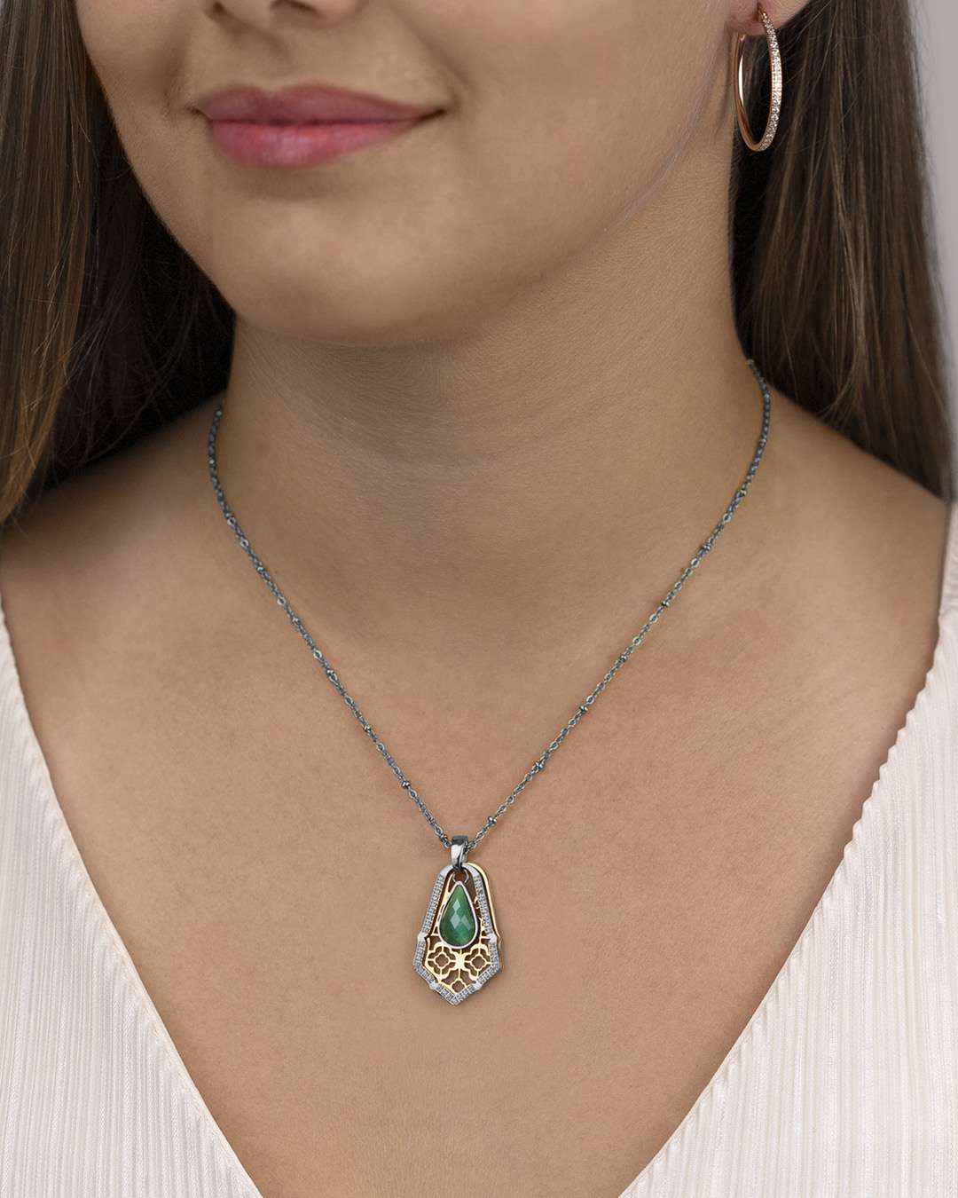 Confidence Stone Emerald Cateye Drop Pendant, Silver