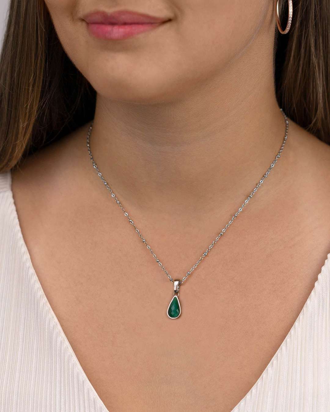 Confidence Stone Emerald Cateye Drop Pendant, Silver