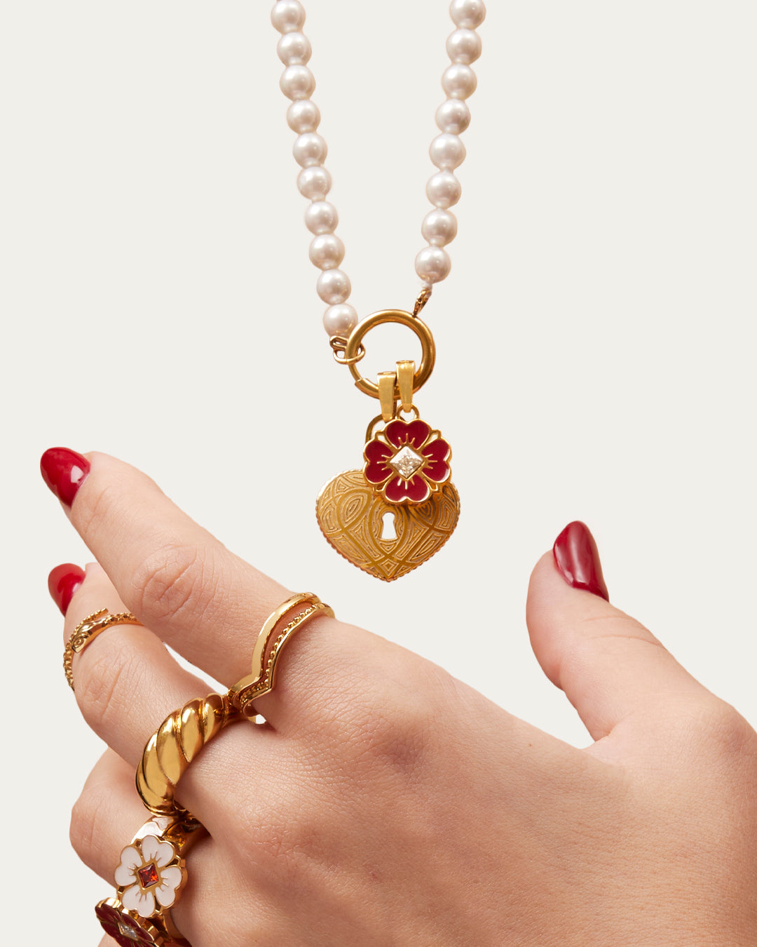 Dainty Lucky Love Red Flower Pendant, Gold