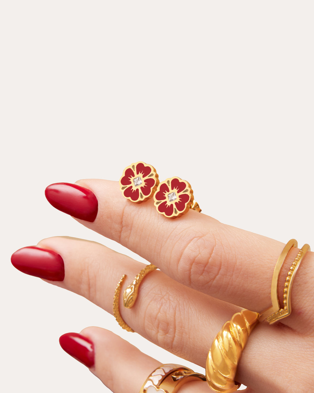Lucky Love Red Flower Stud Earrings, Gold