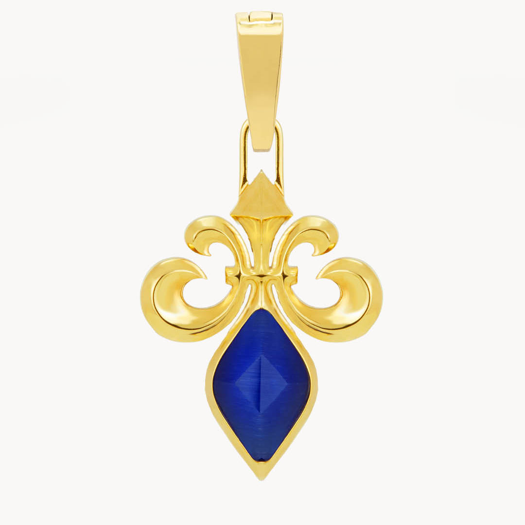Perseverance Stone Blue Cateye Fleur de-Lis Pendant, Gold